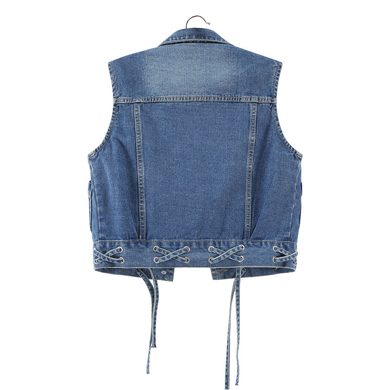 All-match tie denim short vest vest jacket
