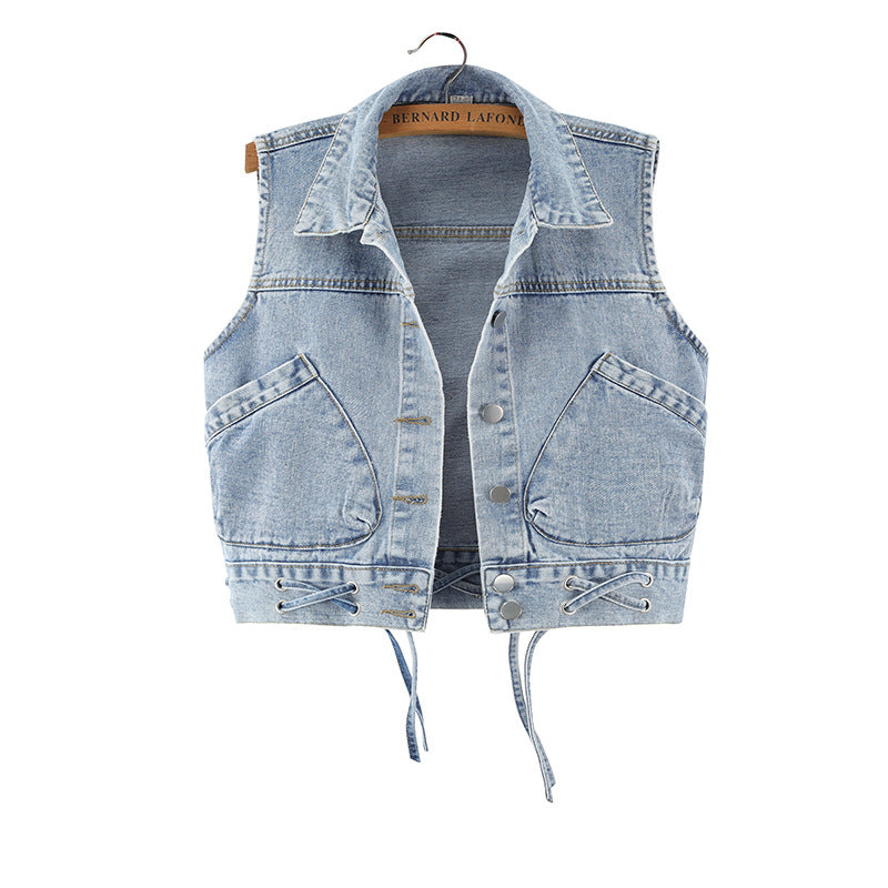 All-match tie denim short vest vest jacket