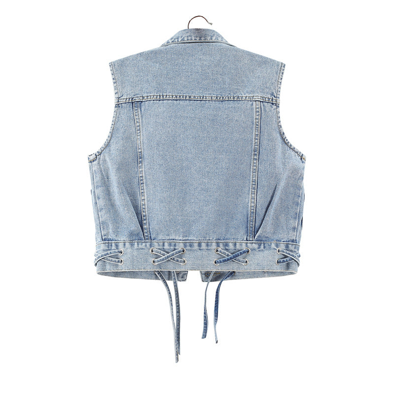 All-match tie denim short vest vest jacket