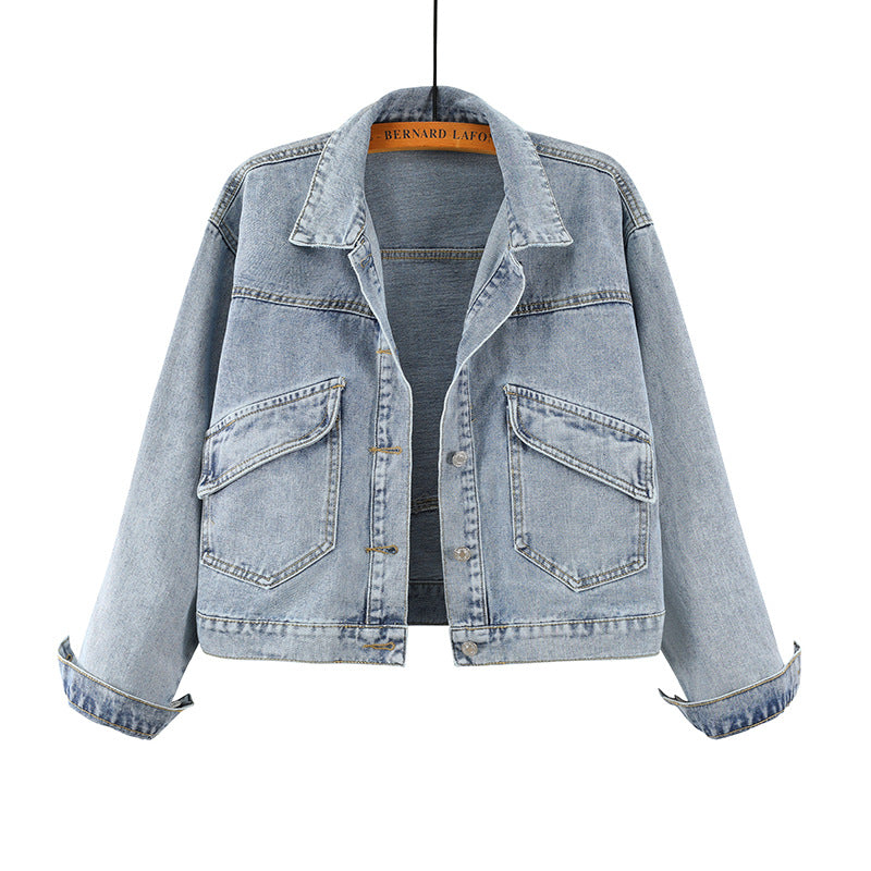 All-match diagonal pocket short loose Korean jacket denim jacket
