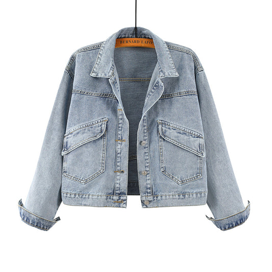 All-match diagonal pocket short loose Korean jacket denim jacket