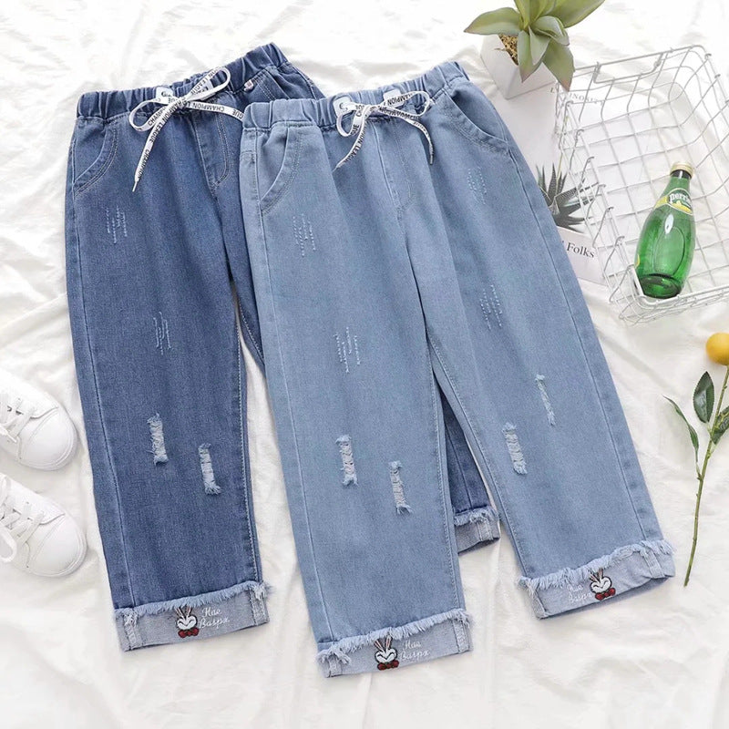Japanese  Korean college style elastic waist all-match slimming rabbit curled straight cropped pants