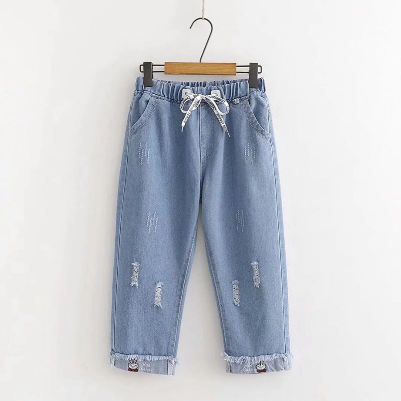 Japanese  Korean college style elastic waist all-match slimming rabbit curled straight cropped pants