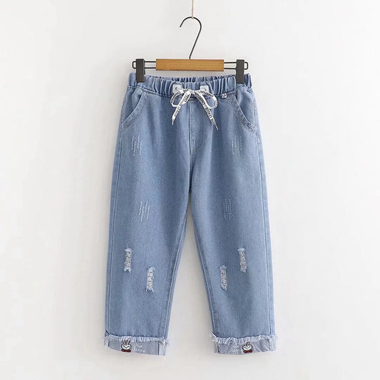 Japanese  Korean college style elastic waist all-match slimming rabbit curled straight cropped pants