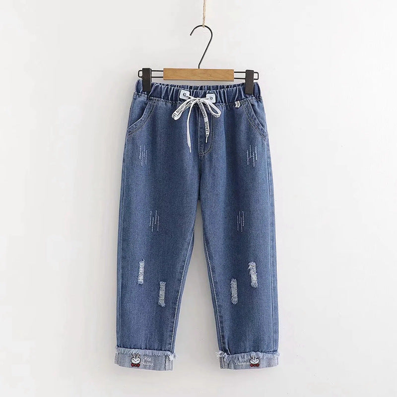 Japanese  Korean college style elastic waist all-match slimming rabbit curled straight cropped pants