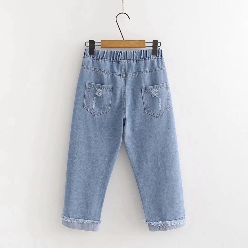 Japanese  Korean college style elastic waist all-match slimming rabbit curled straight cropped pants