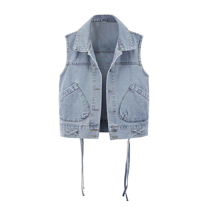 All-match tie denim short vest vest jacket