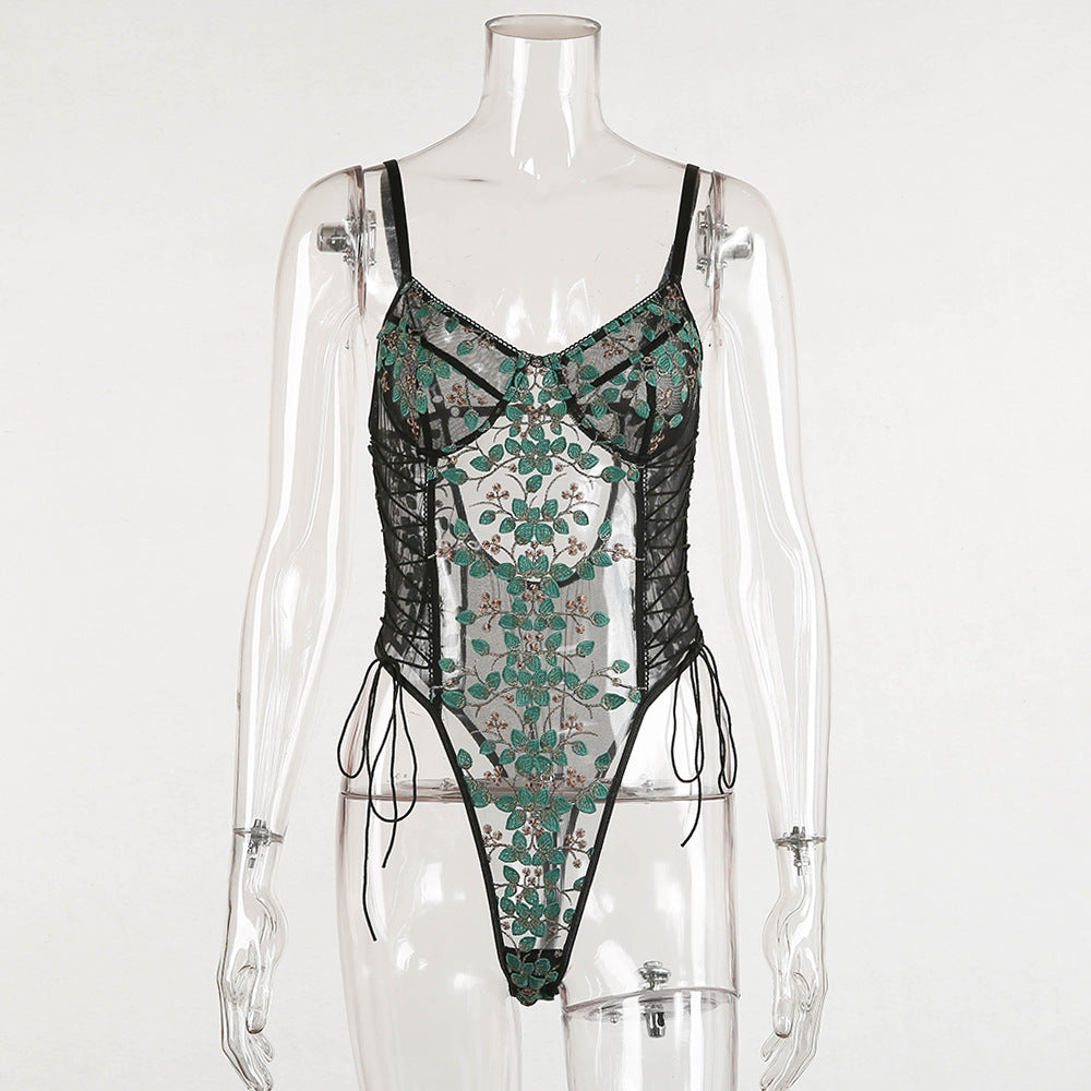 Lace mesh sheer embroidered strap bodysuit