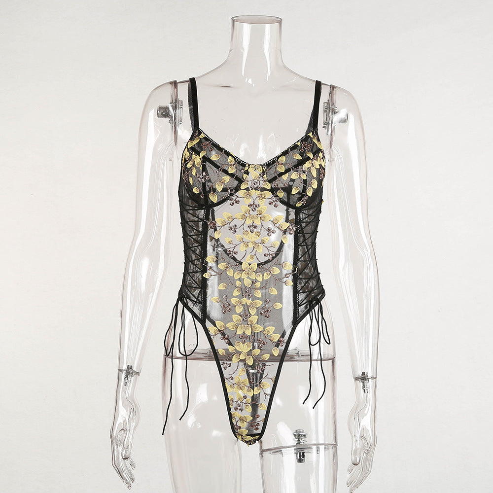 Lace mesh sheer embroidered strap bodysuit