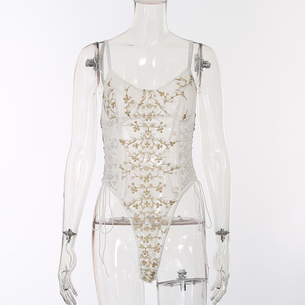 Lace mesh sheer embroidered strap bodysuit