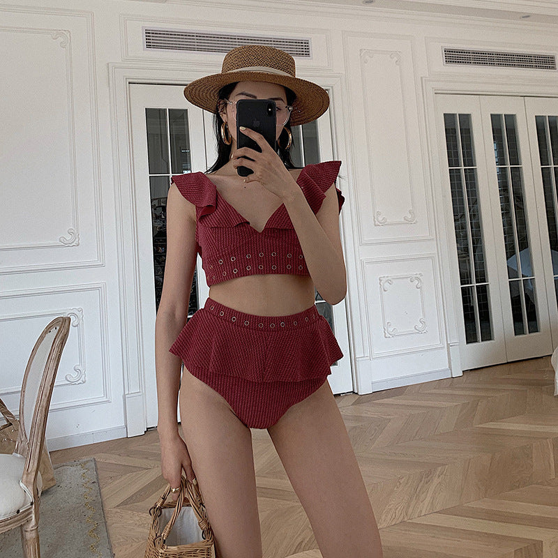 かわいいフリルギャザーセクシーな背中開きハイウエスト水着
