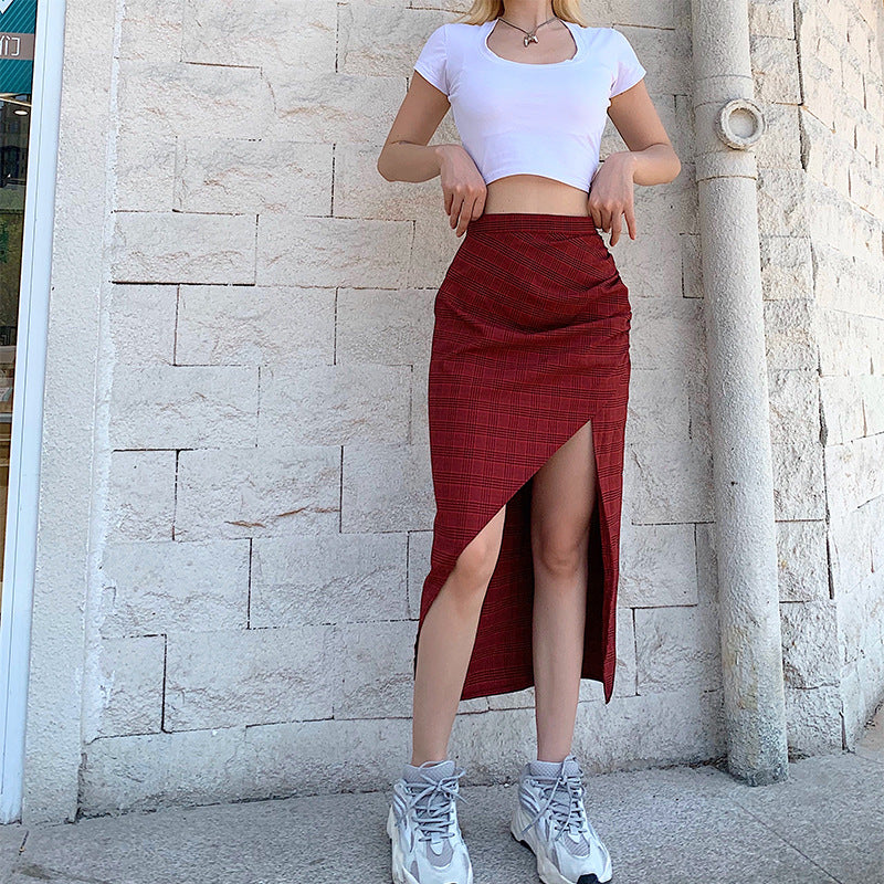 Kawaii irregular mid-length red plaid skirt