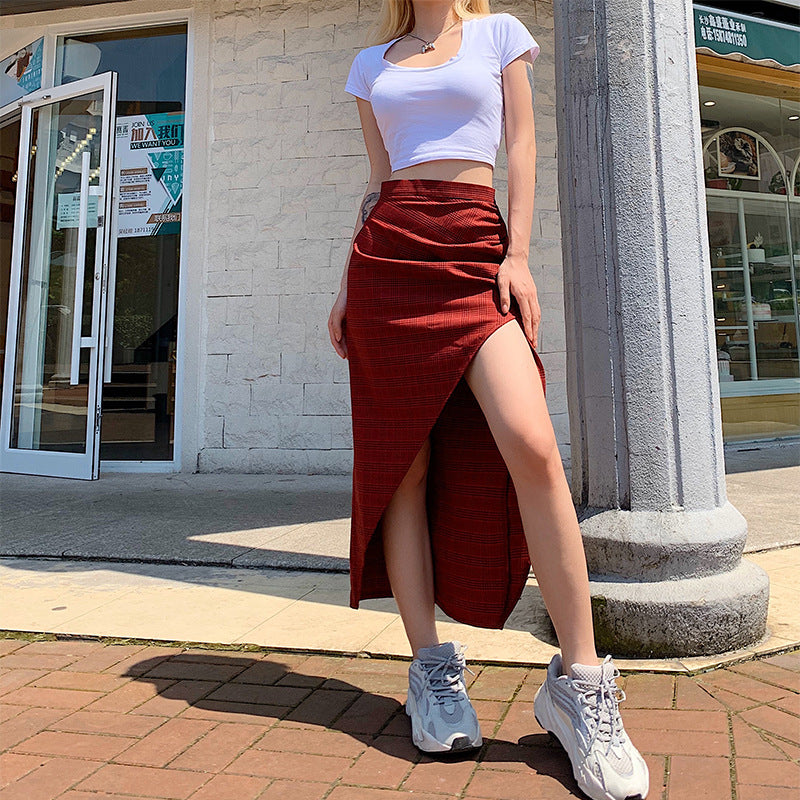 Kawaii irregular mid-length red plaid skirt