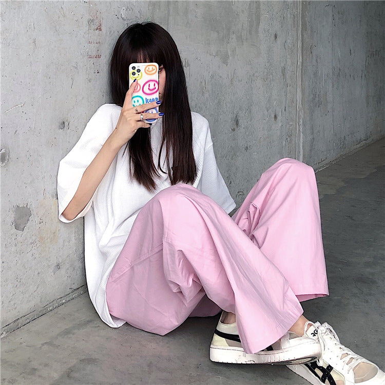 Korean retro high street pink straight leg wide-leg pants casual pants