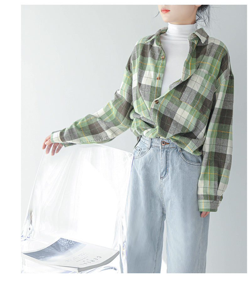 Koreanische karierte, lässige Langarm-Hemdjacke