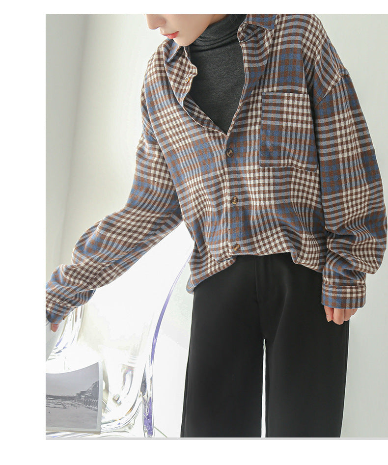Koreanische karierte, lässige Langarm-Hemdjacke