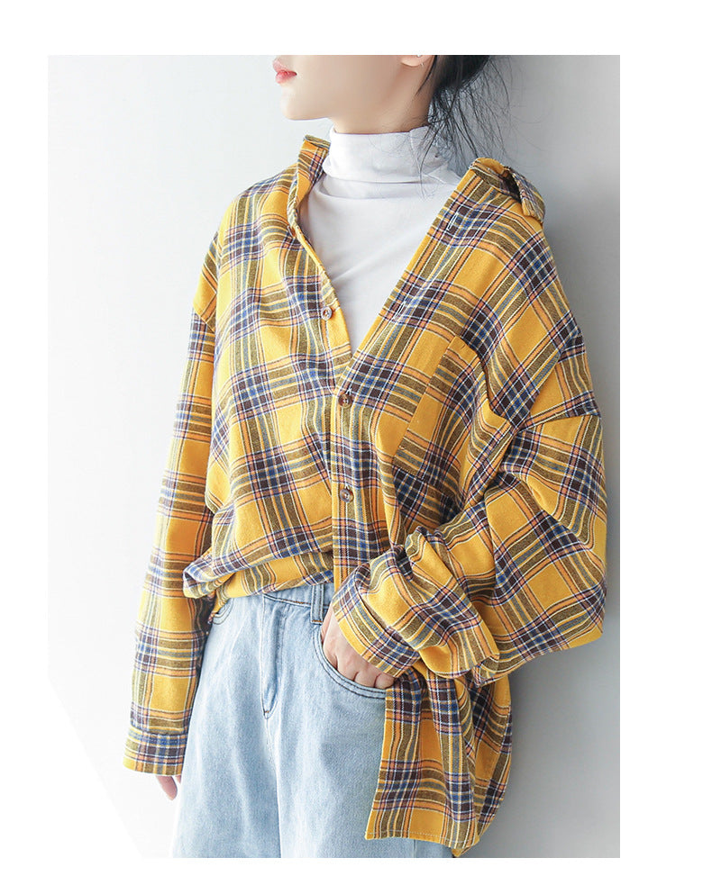 Koreanische karierte, lässige Langarm-Hemdjacke