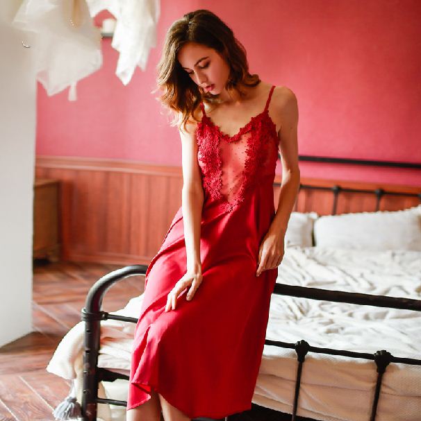 Rose Cross-Country Simulation Silk Pajamas Long Sexy Straps Nightdress Summer Large Size