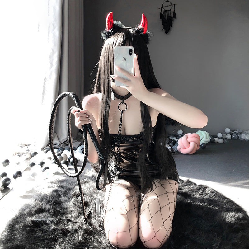 Sexy Hollow Strap Tube Top Tight-Fitting Bag Hip Zipper Patent Leather Uniform