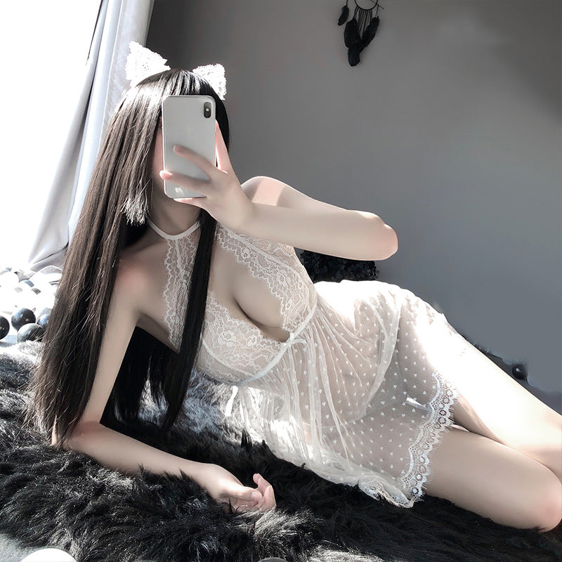 Sofyee  Sweet Mesh Polka Dot Halter Lace Nightdress