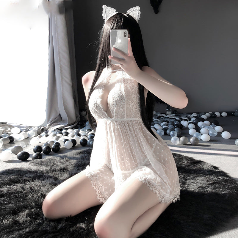 Sofyee  Sweet Mesh Polka Dot Halter Lace Nightdress