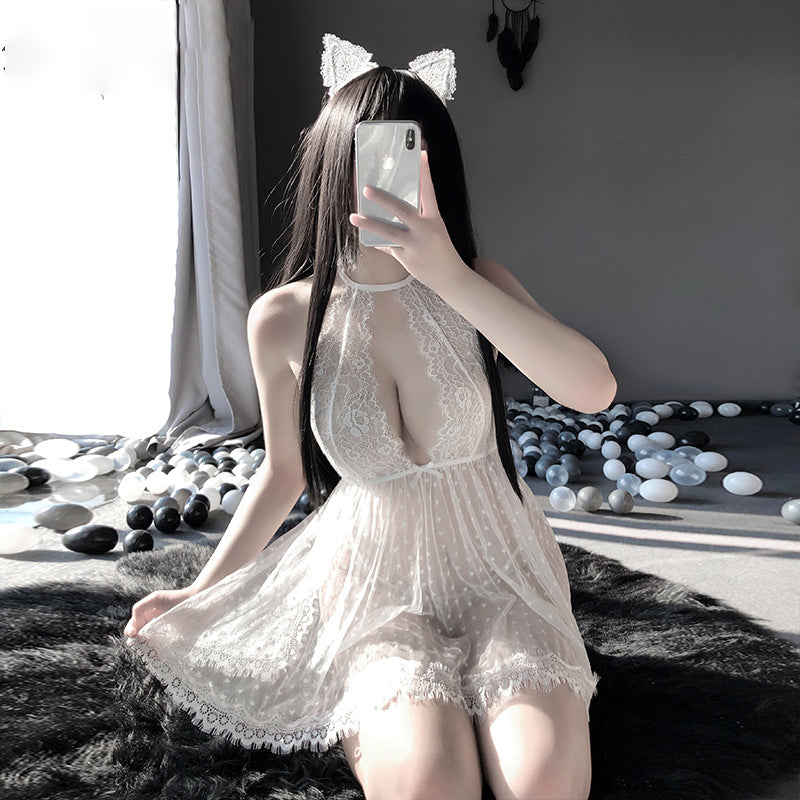Sofyee  Sweet Mesh Polka Dot Halter Lace Nightdress