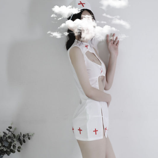 Sexy Krankenschwester-Schürzen-Set mit Kawaii-Kreuzhaltern 