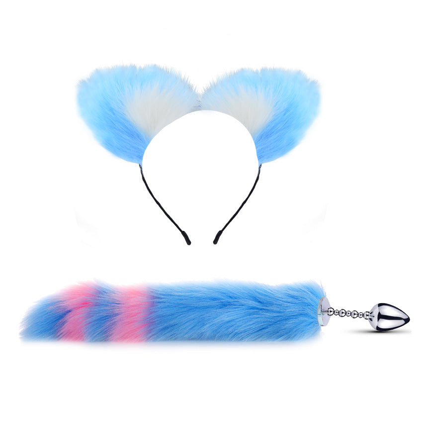 Blue Anime Sexy Cat Ear Headband Butt Plug Tail Set