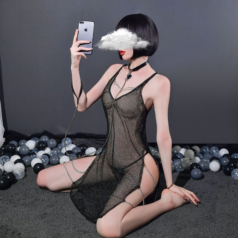 セクシーなネットヤーンパースペクティブスリットサスペンダーナイトドレス