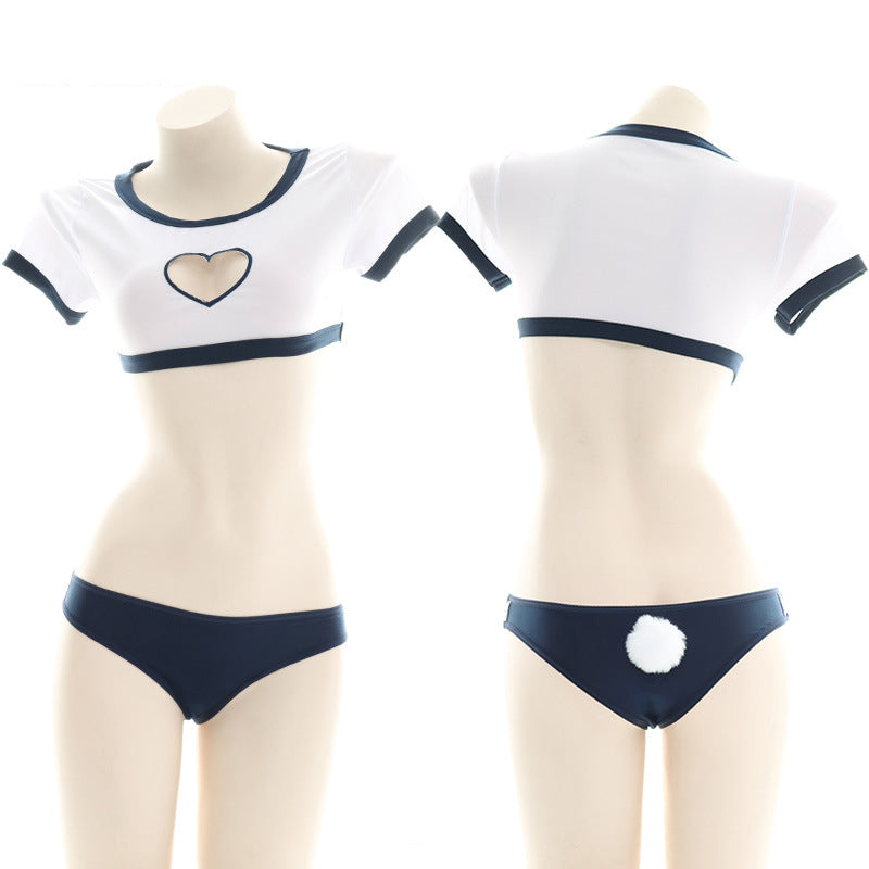 2次元の楽しいラブハート中空オープンチェストウサギのしっぽスーツ
