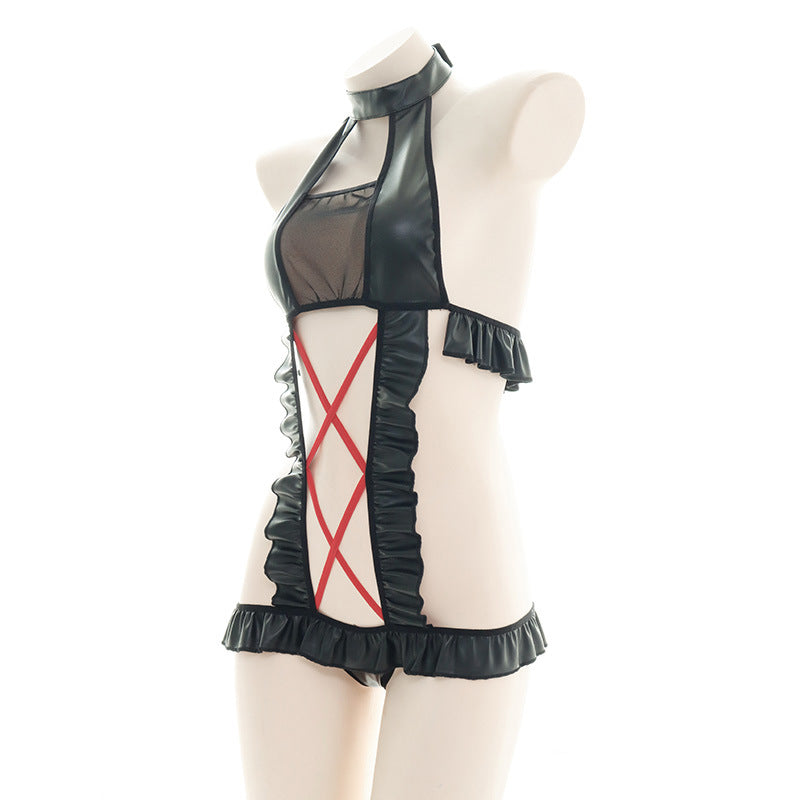 Sofyee セクシー Pu クロス カットアウト ゲーム コスチューム