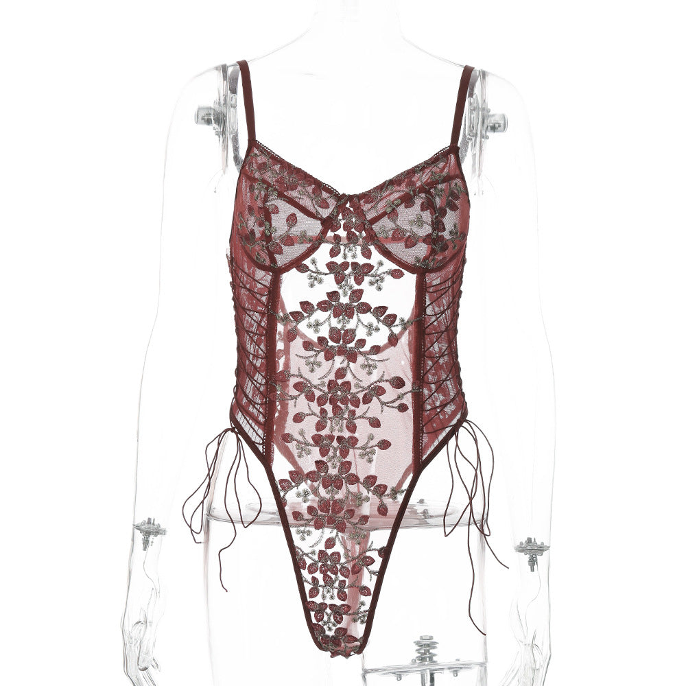 Romantic Floral Lacy See Thru Embroidered Sheer Bodysuit