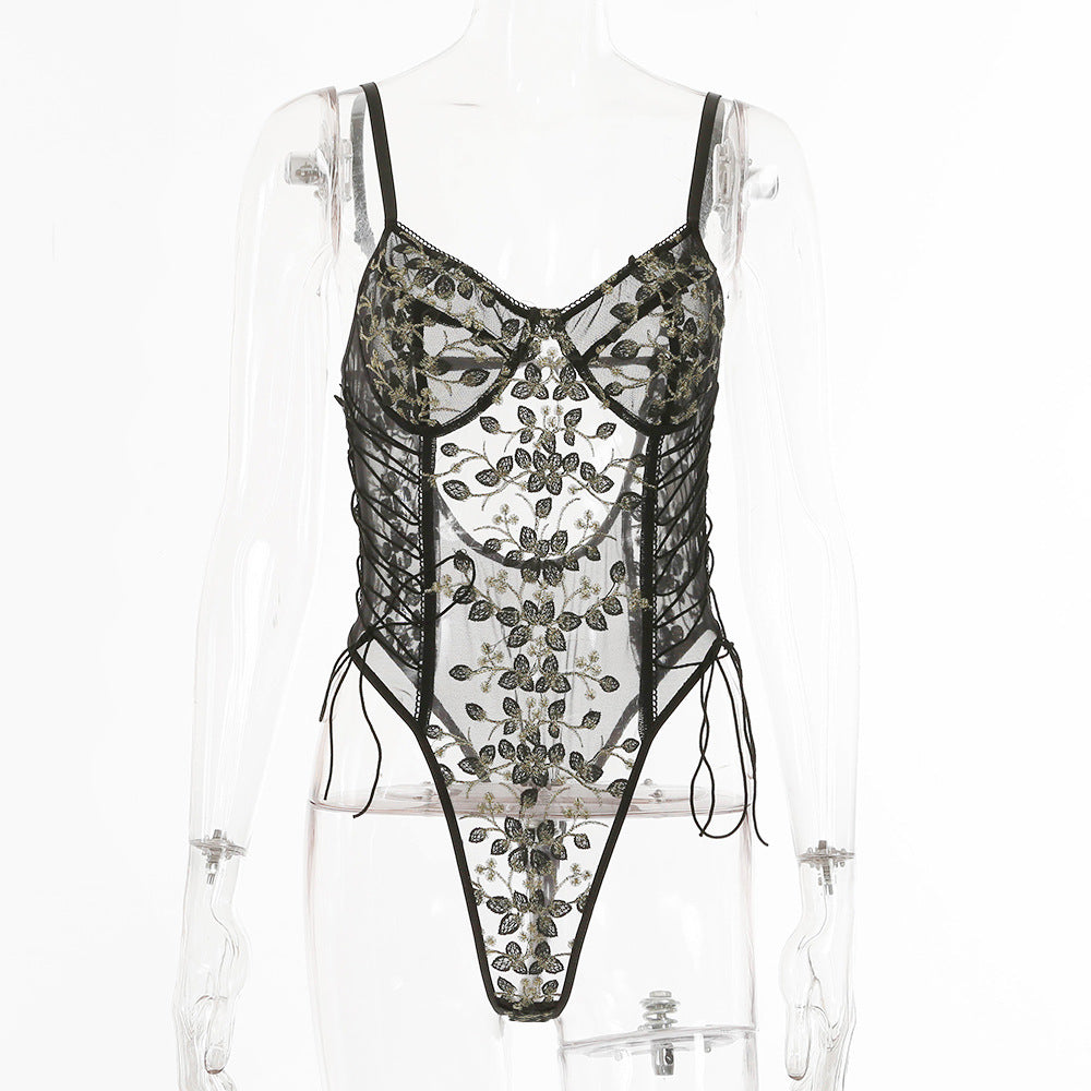 Romantic Floral Lacy See Thru Embroidered Sheer Bodysuit