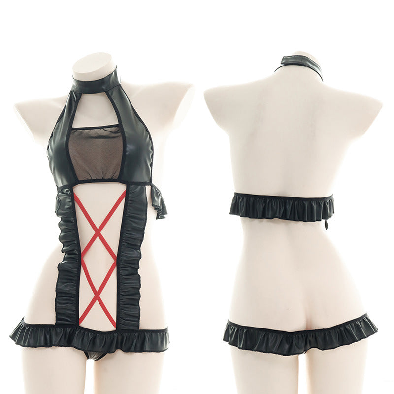 Sofyee セクシー Pu クロス カットアウト ゲーム コスチューム