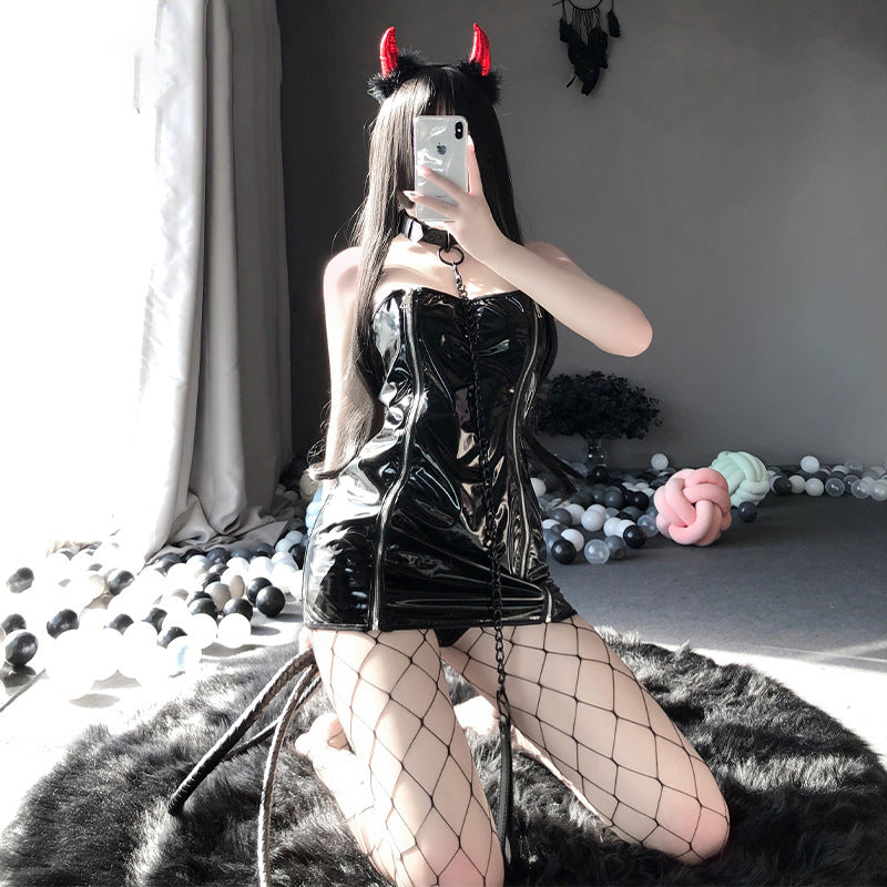 Sexy Hollow Strap Tube Top Tight-Fitting Bag Hip Zipper Patent Leather Uniform