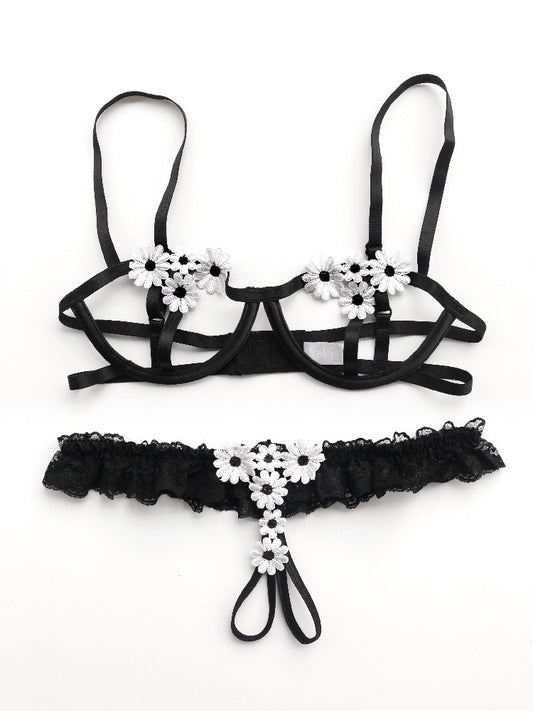 Flower Open Front Cupless Crotchless Bra Set
