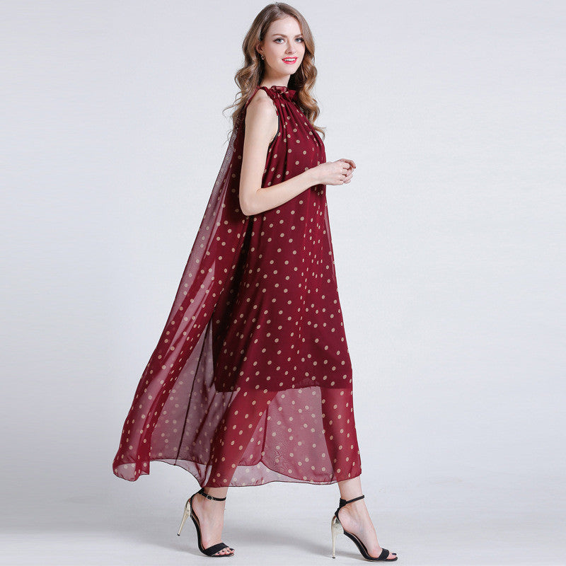 Love Coin Dot Ruffle Neck Belted Maxi Dress - sofyee