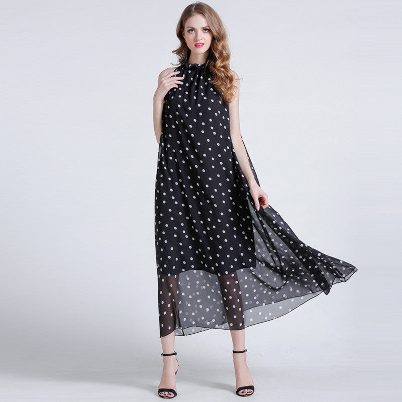 Love Coin Dot Ruffle Neck Belted Maxi Dress - sofyee