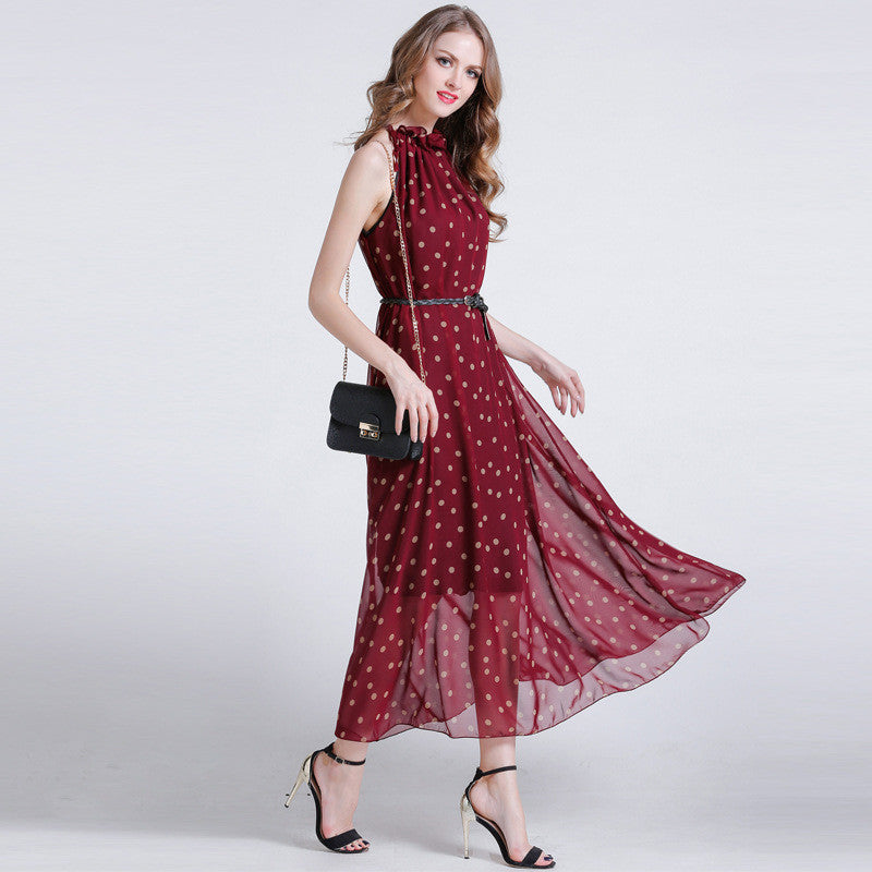 Love Coin Dot Ruffle Neck Belted Maxi Dress - sofyee