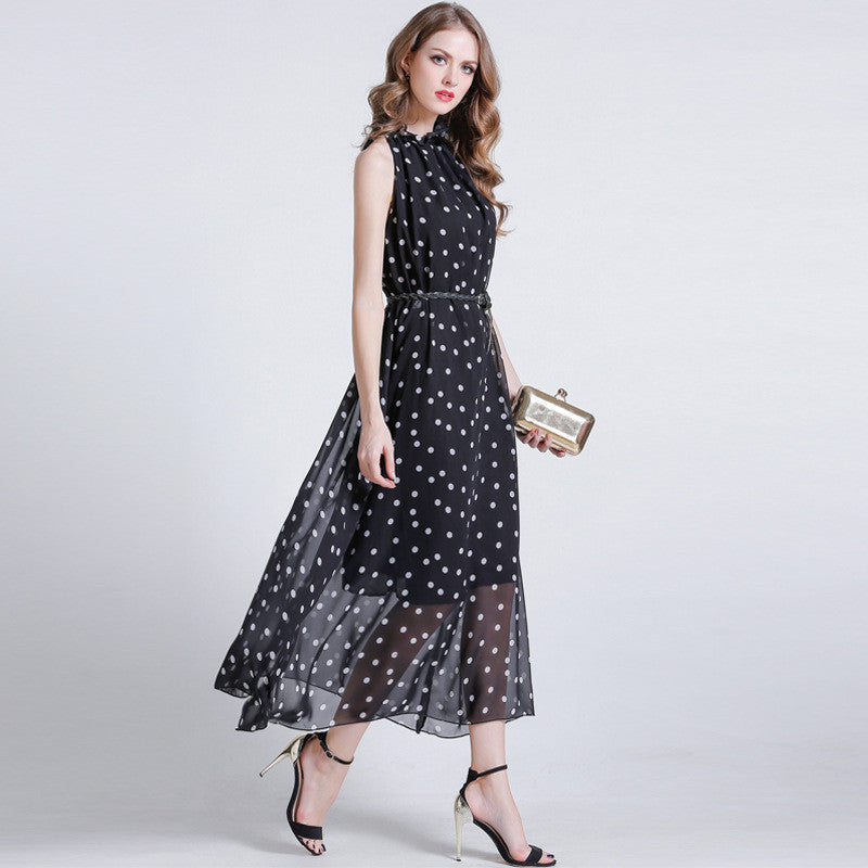 Love Coin Dot Ruffle Neck Belted Maxi Dress - sofyee