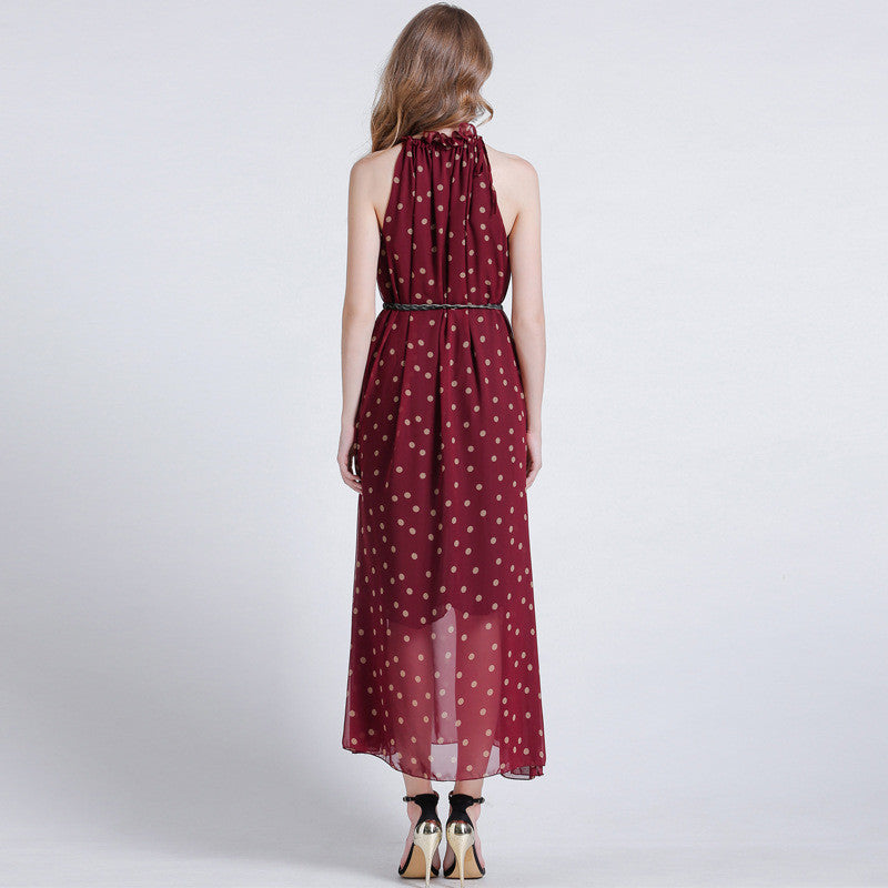 Love Coin Dot Ruffle Neck Belted Maxi Dress - sofyee