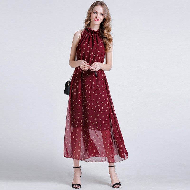 Love Coin Dot Ruffle Neck Belted Maxi Dress - sofyee