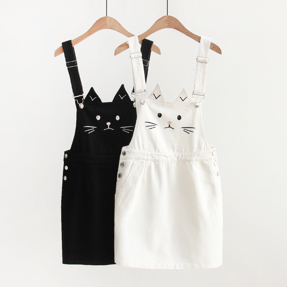 Kawaii Japanese cute cat ear embroidery strap straight denim skirt