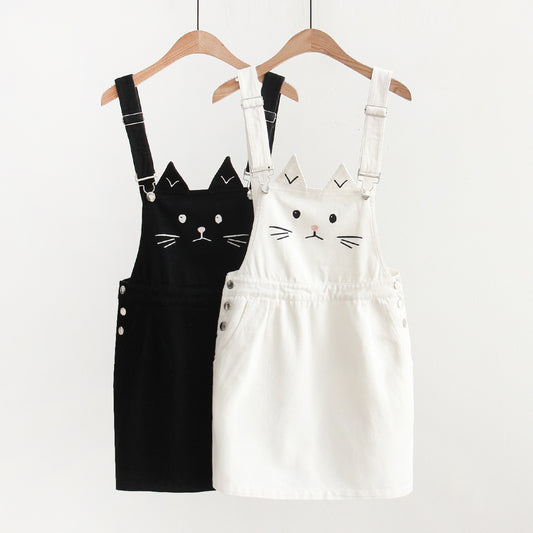 Kawaii Japanese cute cat ear embroidery strap straight denim skirt