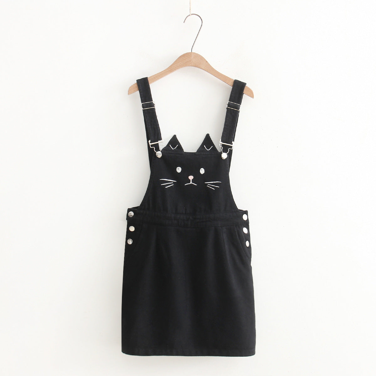 Kawaii Japanese cute cat ear embroidery strap straight denim skirt