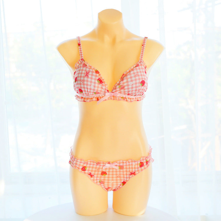 J Fashion Grid Strawberry Girly Lolita Cute Kawaii Lingerie Set