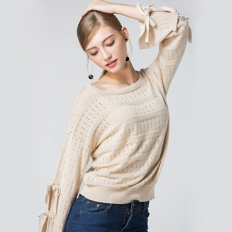 Self-Tie Sleeves Fine-Knit Top