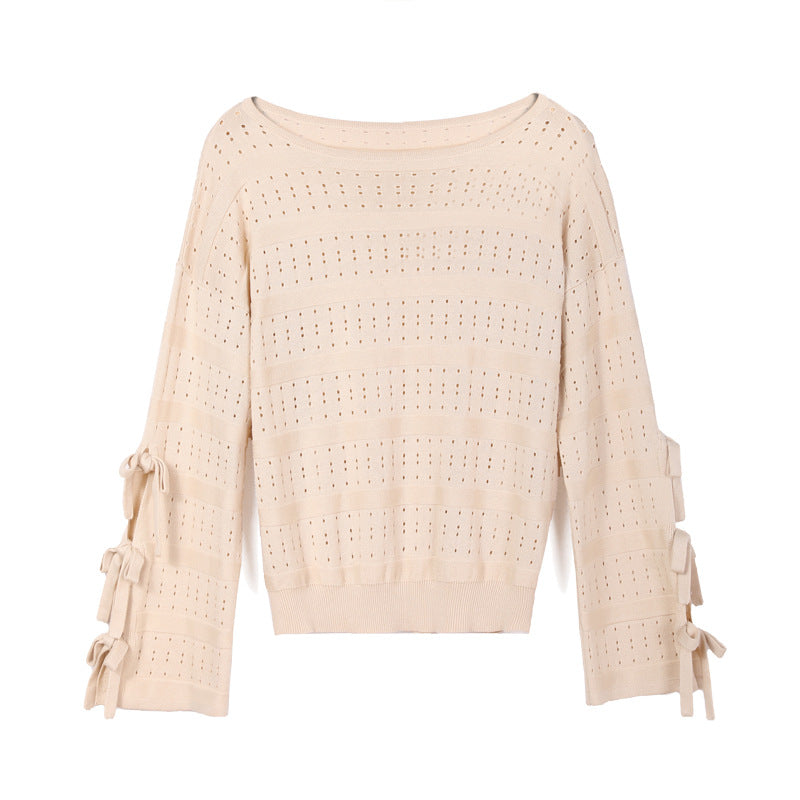 Self-Tie Sleeves Fine-Knit Top