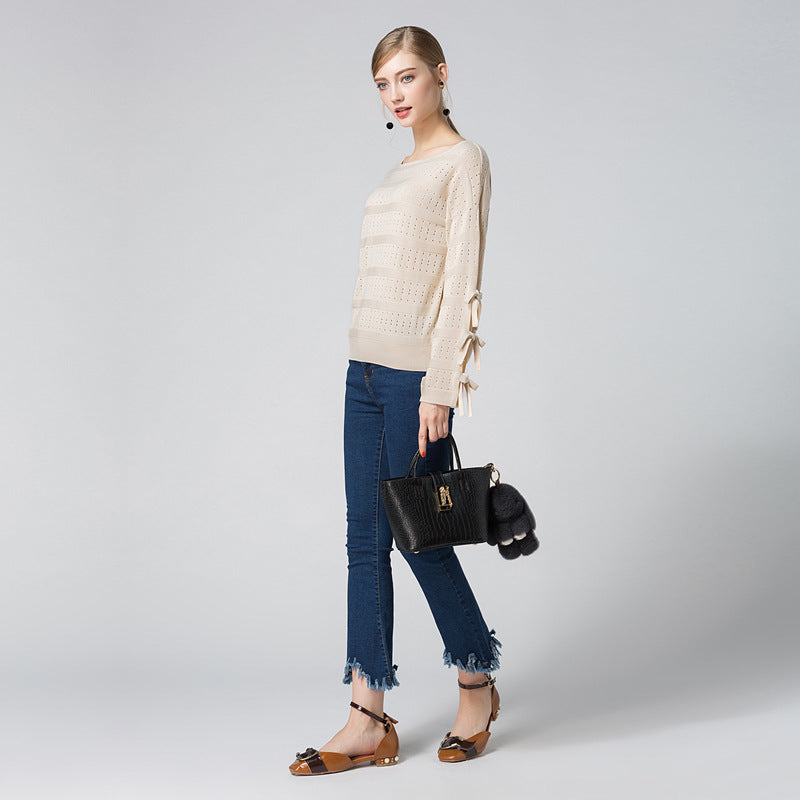 Self-Tie Sleeves Fine-Knit Top