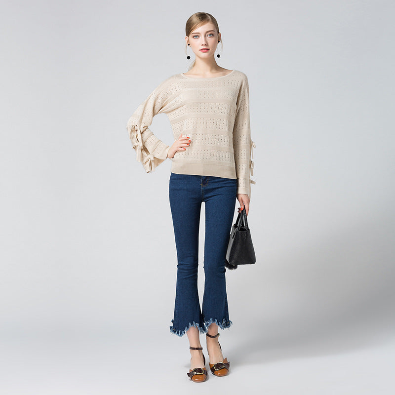 Self-Tie Sleeves Fine-Knit Top